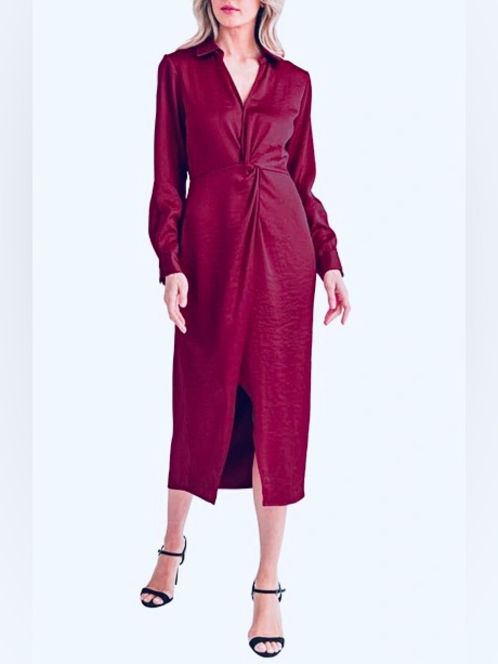 Mila Mae Twist Front Long Sleeve Satin Midi Shirtdress in Wine M